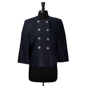 Ralph Lauren Women's Blazer Navy Blue Linen Double Breasted Work Suit Jacket 10